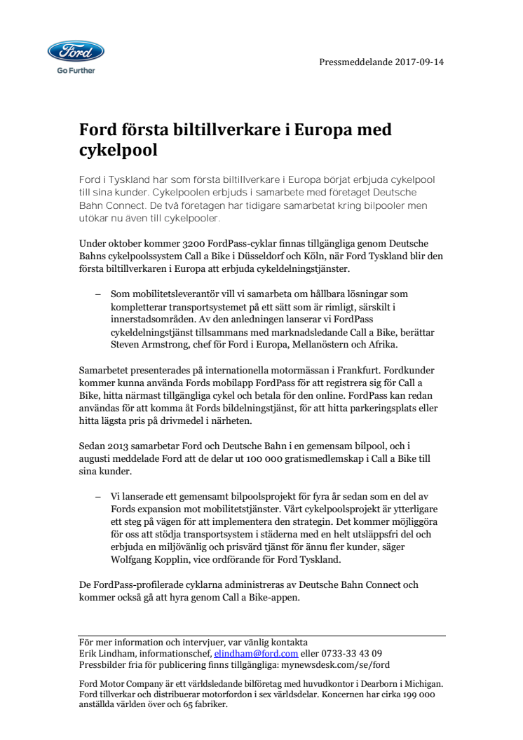 Ford första biltillverkare i Europa med cykelpool