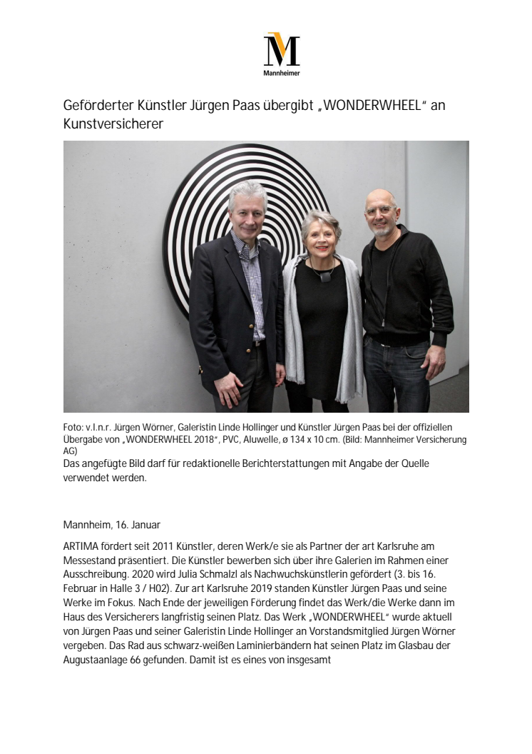 Geförderter Künstler Jürgen Paas übergibt „WONDERWHEEL“ an Kunstversicherer 