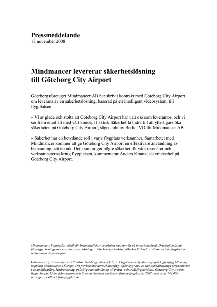 Mindmancer levererar säkerhetslösning till Göteborg City Airport