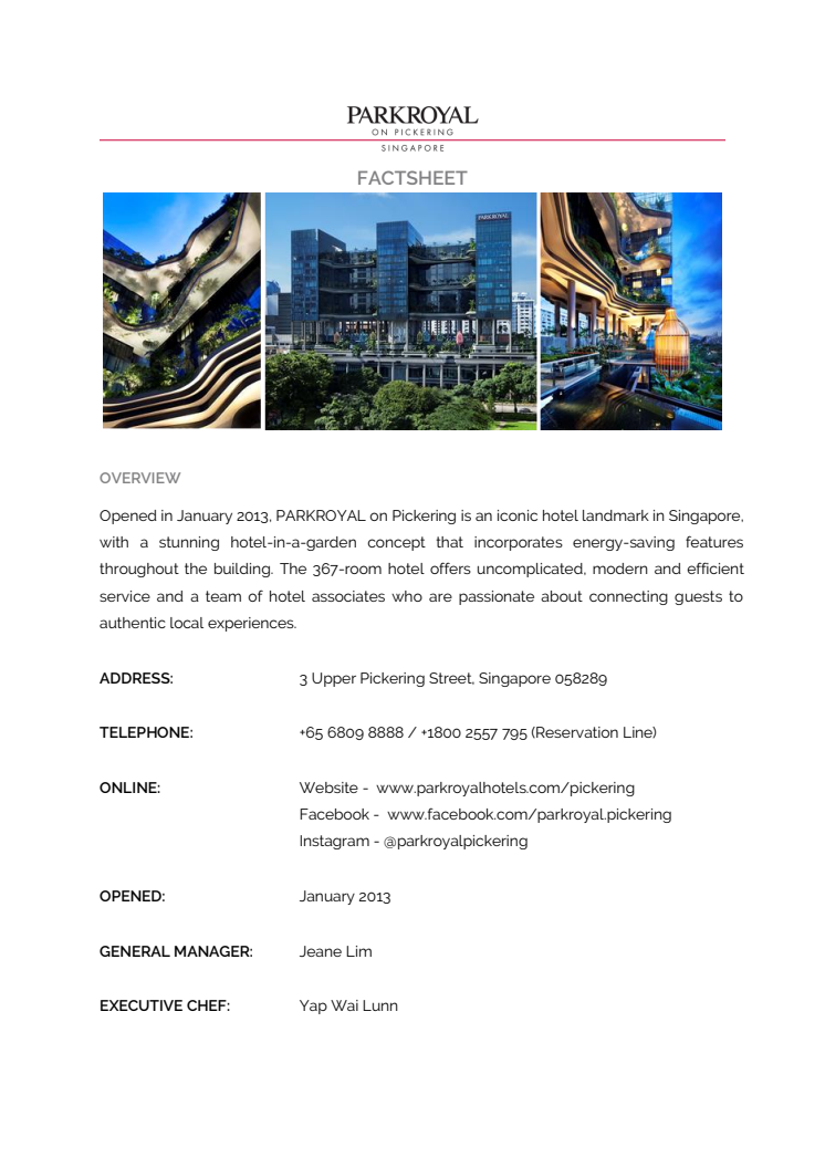 PARKROYAL on Pickering, Singapore - Factsheet