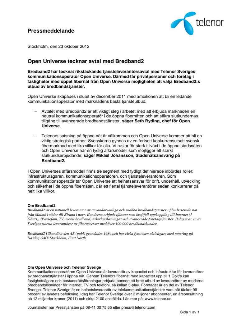 Open Universe tecknar avtal med Bredband2