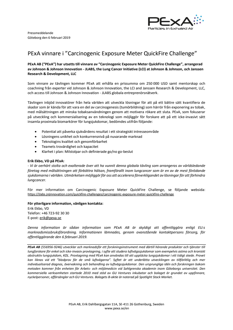 PExA vinnare i ”Carcinogenic Exposure Meter QuickFire Challenge” 