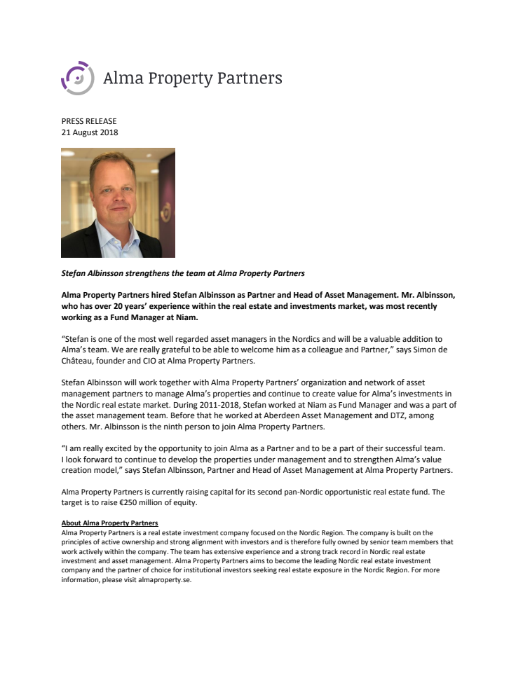 Stefan Albinsson strengthens the team at Alma Property Partners