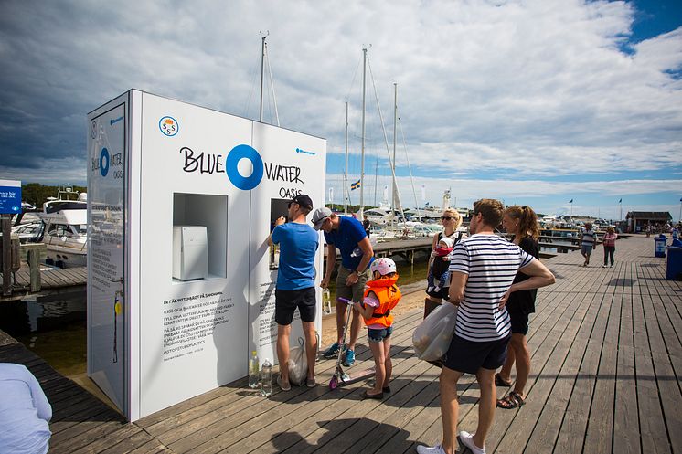 A Bluewater Oasis hydration station on the popular tourist island of Sandhamn, in the Baltic Sea, helps save depleted ground water reserves by delivering free clean drinking water generated directly from the brackish sea.