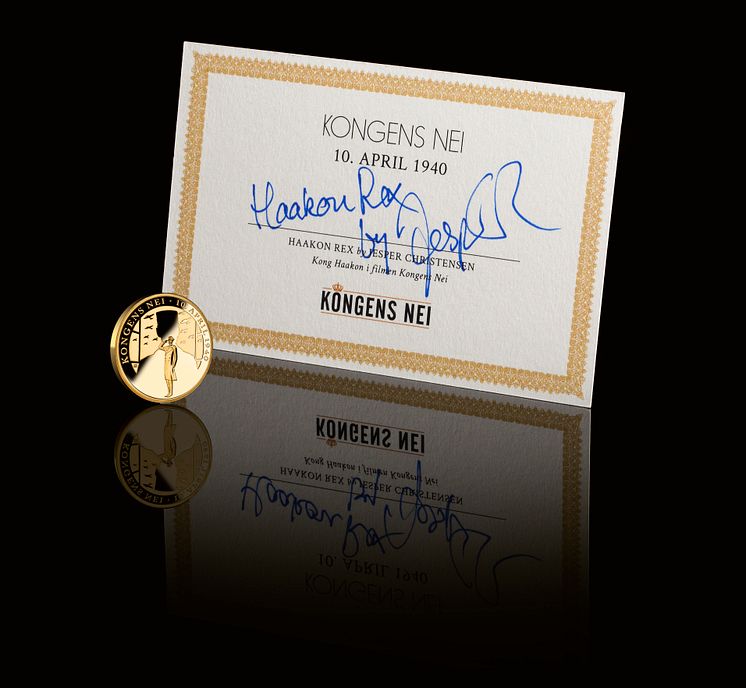 Verdens første minnemedalje i rettferdig "Fairmined" gull, sertifikat signert av skuespiller Jesper Christensen, Alias Haakon VII Rex