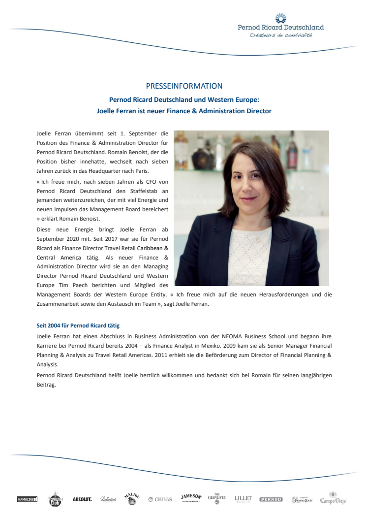 Pernod Ricard Deutschland und Western Europe:  Joelle Ferran ist neuer Finance & Administration Director