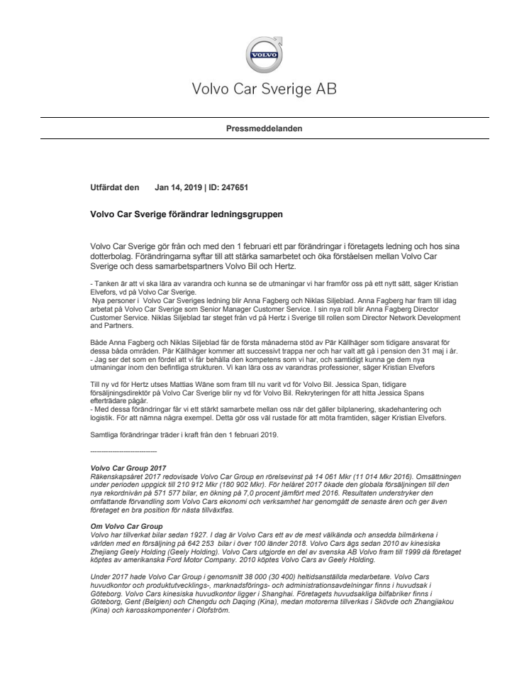 Volvo Car Sverige förändrar ledningsgruppen