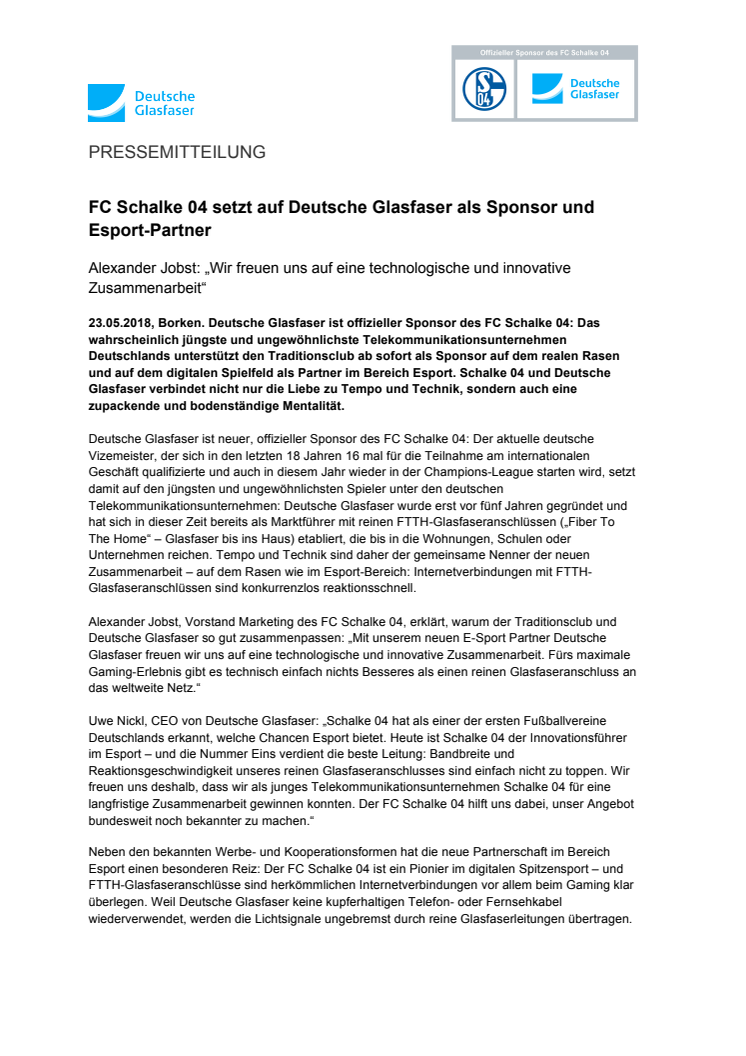 FC Schalke 04 setzt auf Deutsche Glasfaser als Sponsor und Esport-Partner