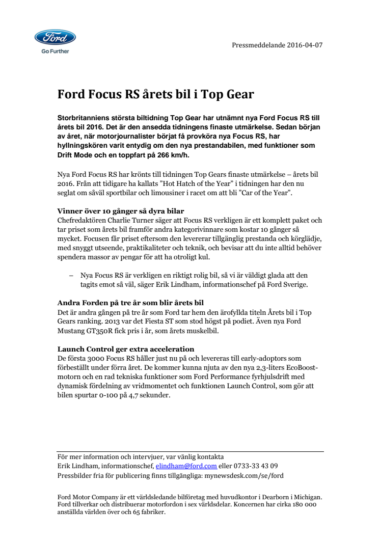 Ford Focus RS årets bil i Top Gear