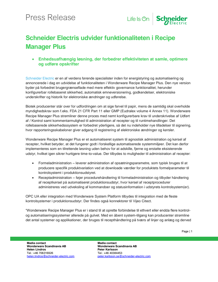Schneider Electris udvider funktionaliteten i Recipe Manager Plus