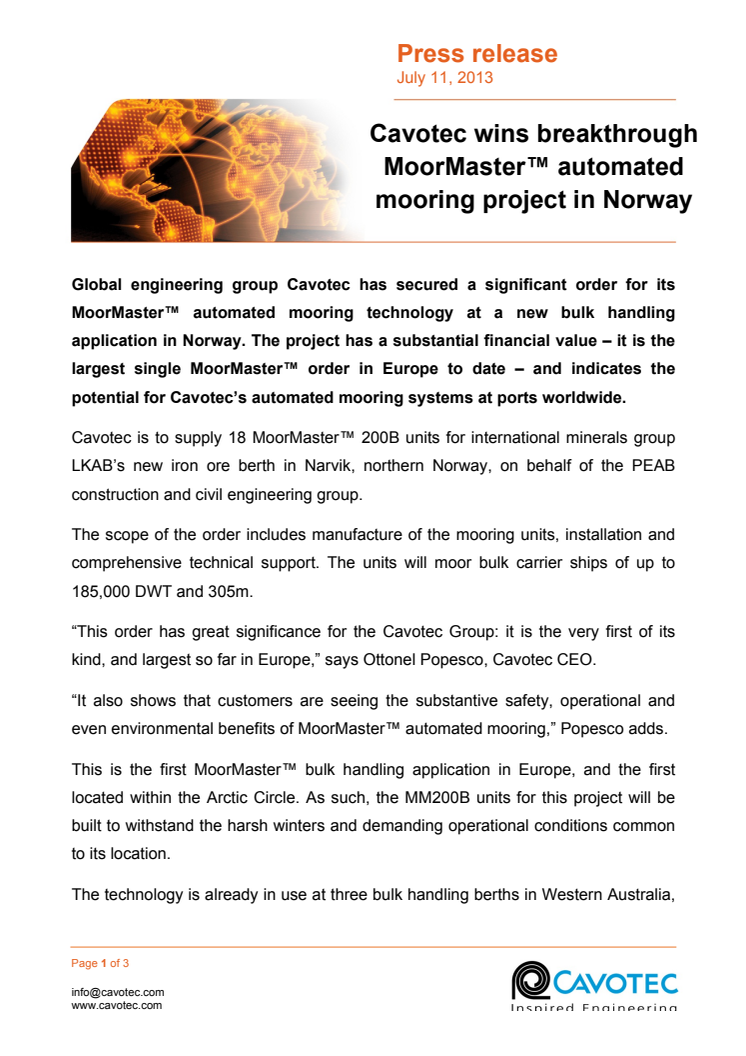 Cavotec wins breakthrough MoorMaster™ automated mooring project in Norway
