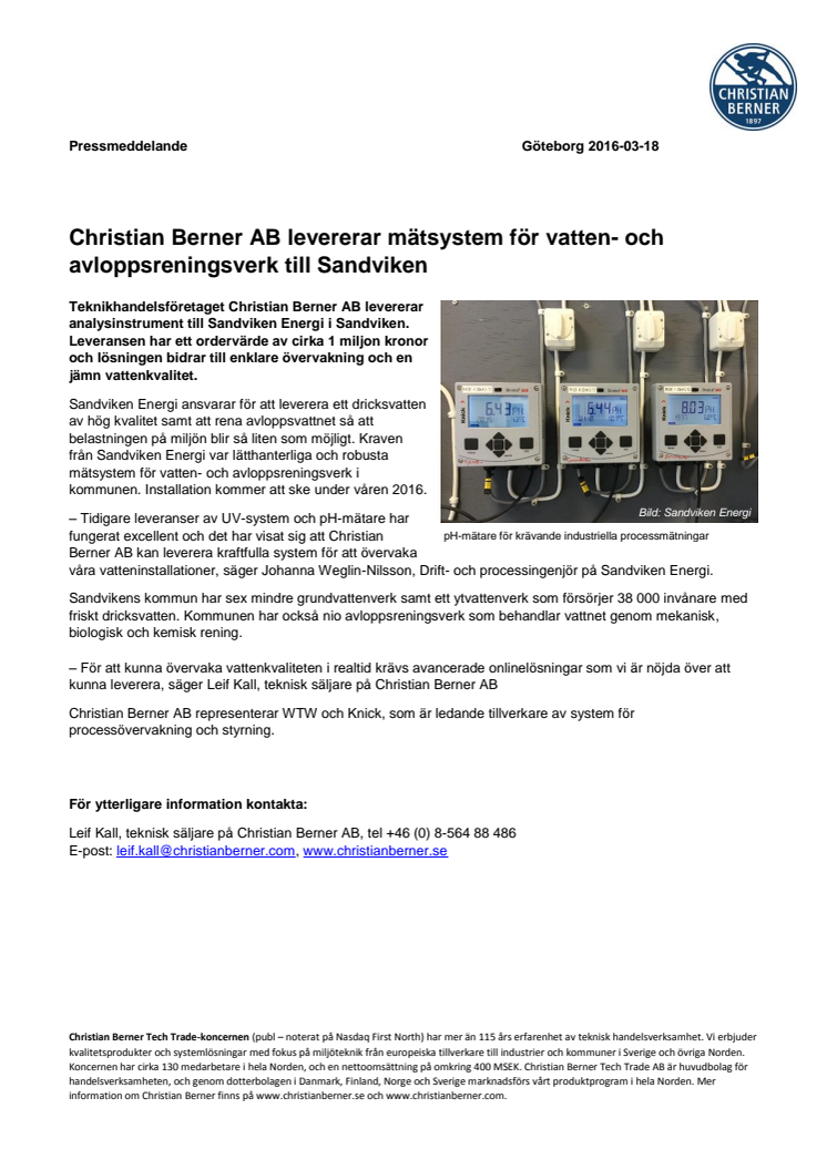 Christian Berner AB levererar mätsystem för vatten- och avloppsreningsverk till Sandviken