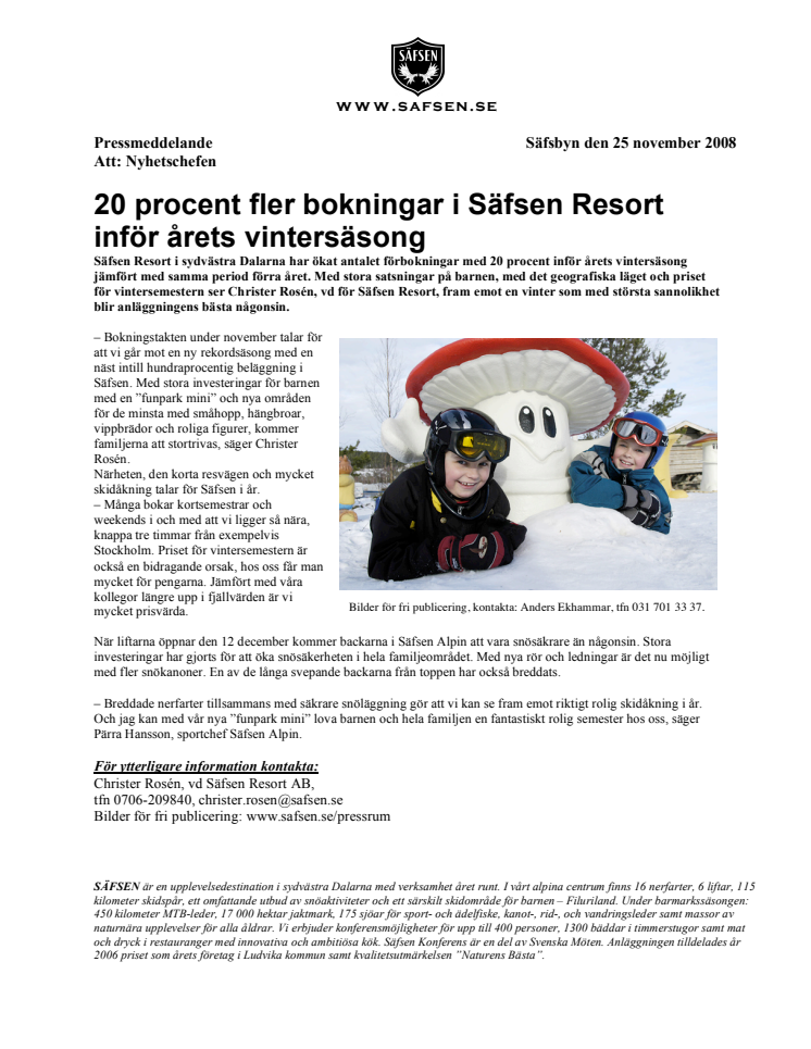 20 procent fler bokningar i Säfsen Resort inför årets vintersäsong