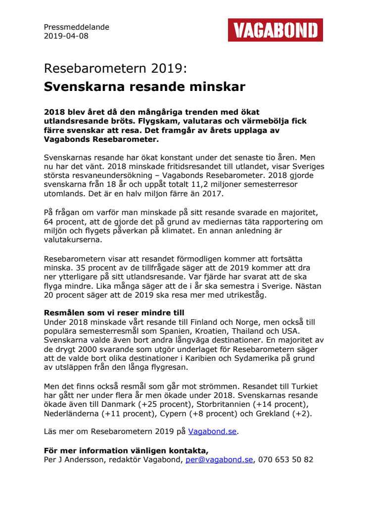 Resebarometern 2019:  Svenskarnas resande minskar 