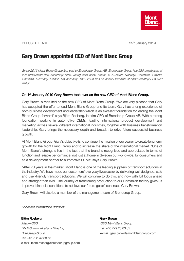 Gary Brown appointed CEO of Mont Blanc Group