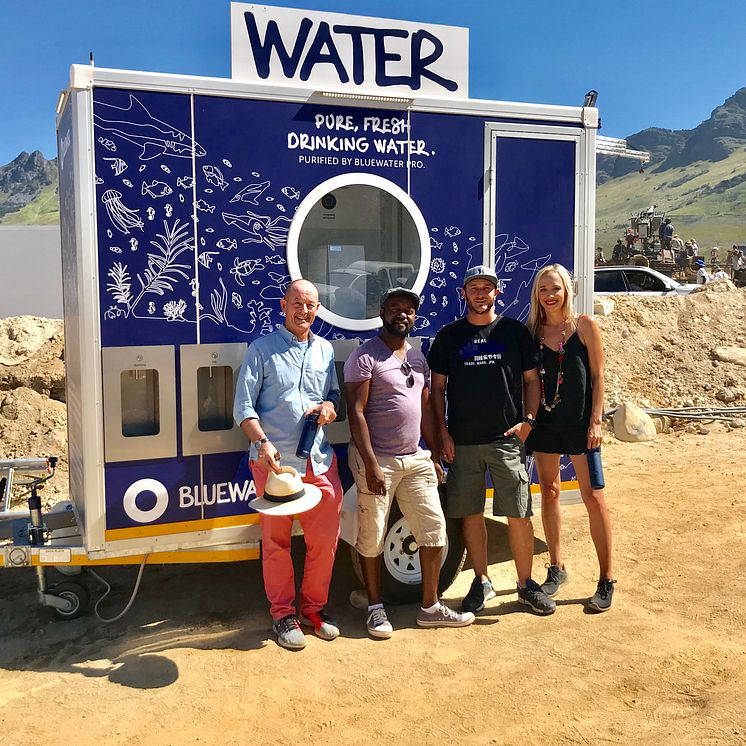 Bluewater keeps actors and production crew well hydrated. From left, Seton Bailey, CEO SA Film Academy,  James Muringani, Production Manager, Grant Killian, Unit & Transport Manager, and Janneke Brasecke, Bluewater Events                        