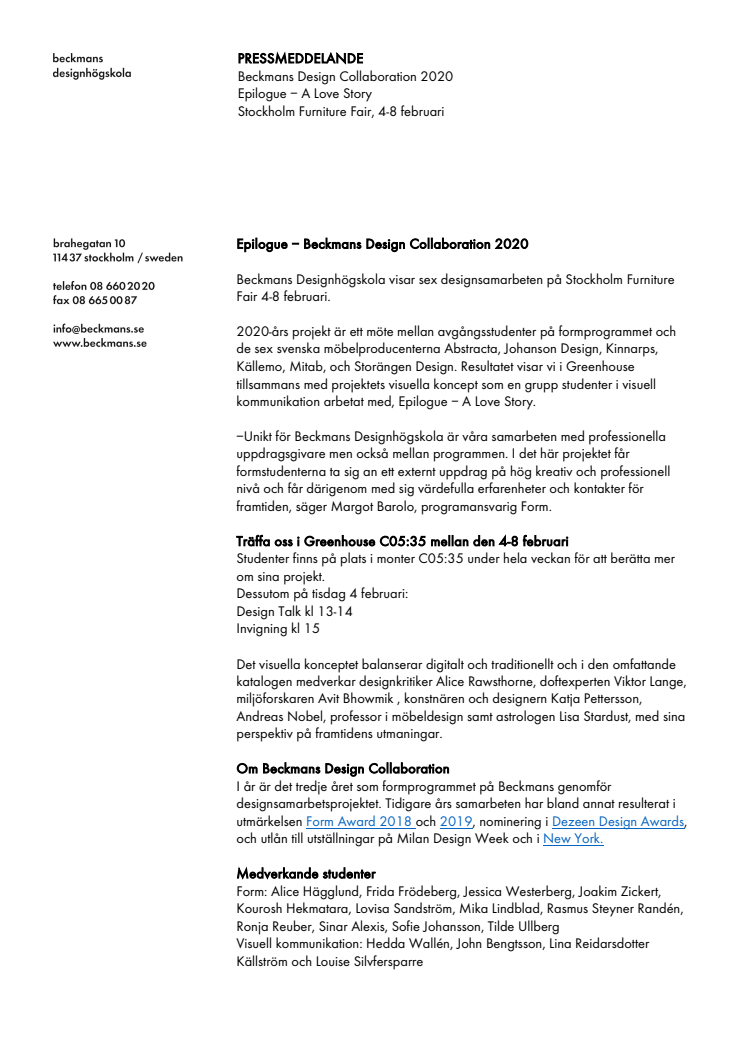 Pressmeddelande - Beckmans Design Collaboration 2020