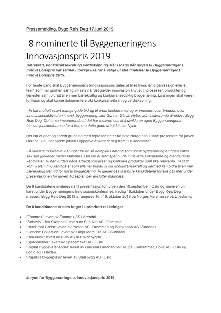 8 nominerte til Byggenæringens Innovasjonspris 2019