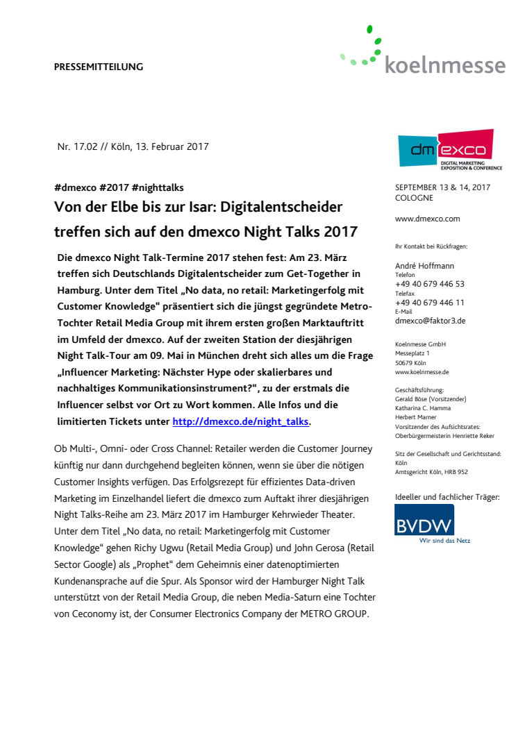 Von der Elbe bis zur Isar: Digitalentscheider treffen sich auf den dmexco Night Talks 2017