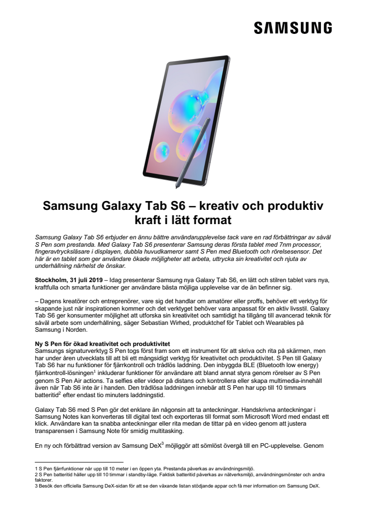Samsung Galaxy Tab S6 – kreativ och produktiv kraft i lätt format