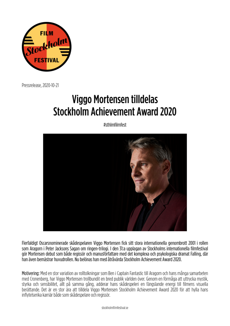 Viggo Mortensen tilldelas Stockholm Achievement Award 2020