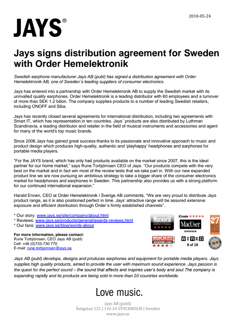 Jays signs distribution agreement for Sweden with Order Hemelektronik