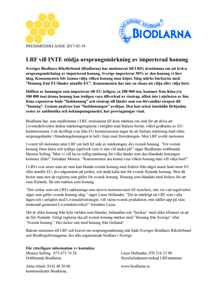 LRF vill INTE stödja ursprungsmärkning av importerad honung