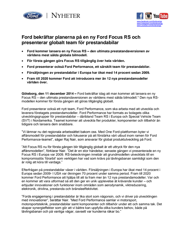 Ford bekräftar planerna på en ny Ford Focus RS och presenterar globalt team för prestandabilar