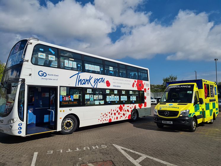 Go North East's 'thank you' bus with a freshly cleaned ambulance