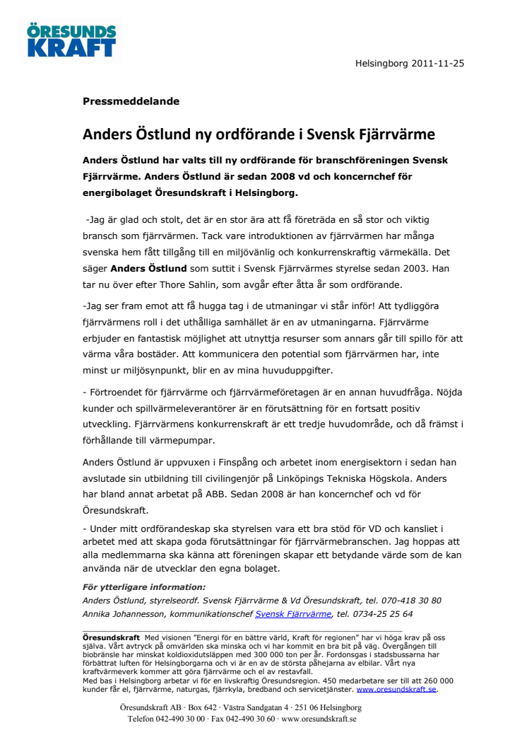 Anders Östlund ny ordförande i Svensk Fjärrvärme