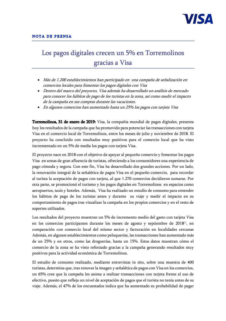 Los pagos digitales crecen un 5% en Torremolinos gracias a Visa