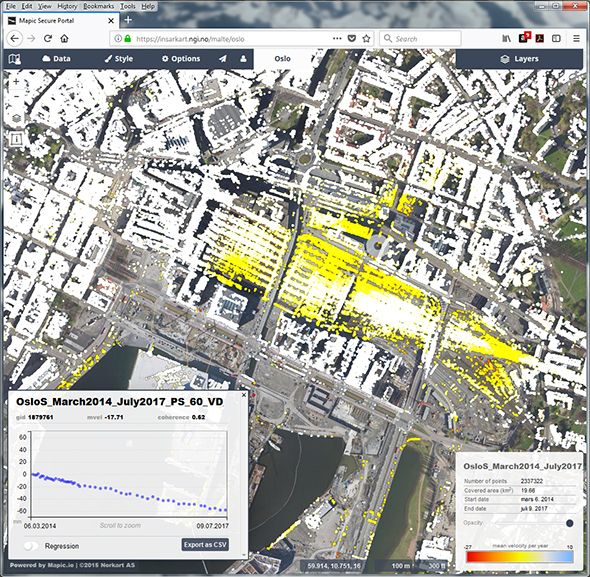 Example results from InSAR measurements with web-based presentation, from Oslo S area, on a Project for Bane Nor.