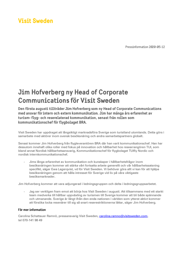 Jim Hofverberg ny Head of Corporate Communications för Visit Sweden