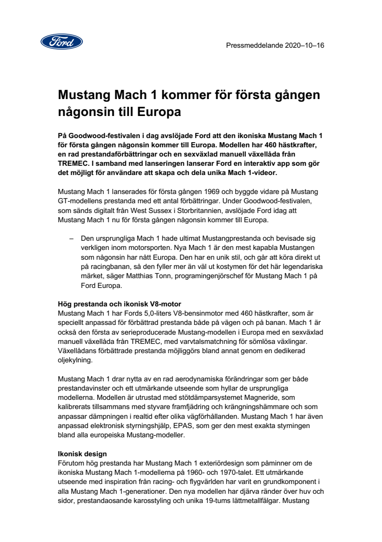 Mustang Mach 1 kommer för första gången någonsin till Europa 