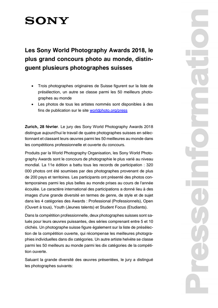 Les Sony World Photography Awards 2018, le plus grand concours photo au monde, distinguent plusieurs photographes suisses