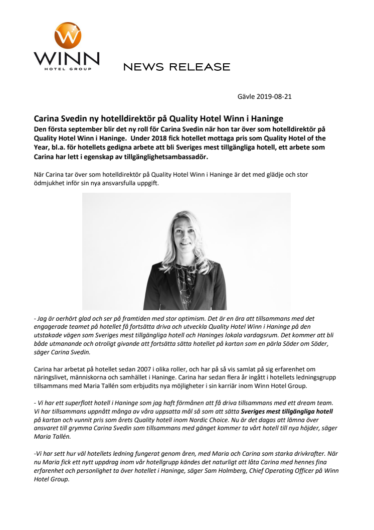 Carina Svedin ny hotelldirektör på Quality Hotel Winn i Haninge