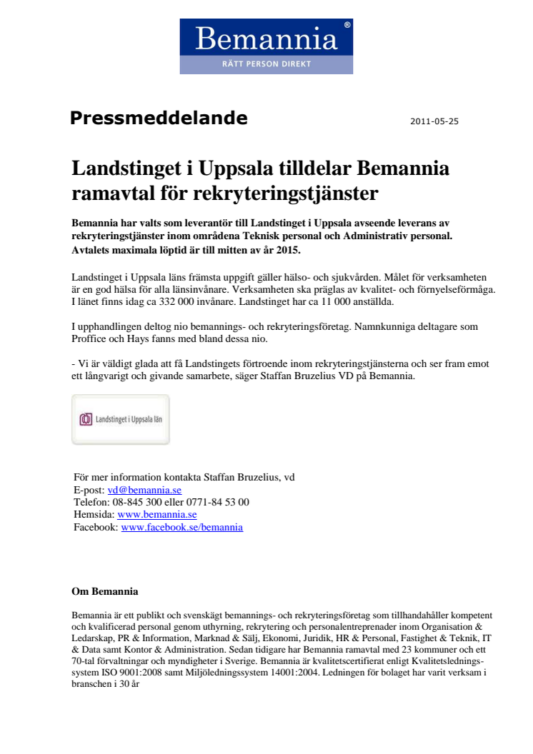 Landstinget i Uppsala tilldelar Bemannia ramavtal för rekryteringstjänster