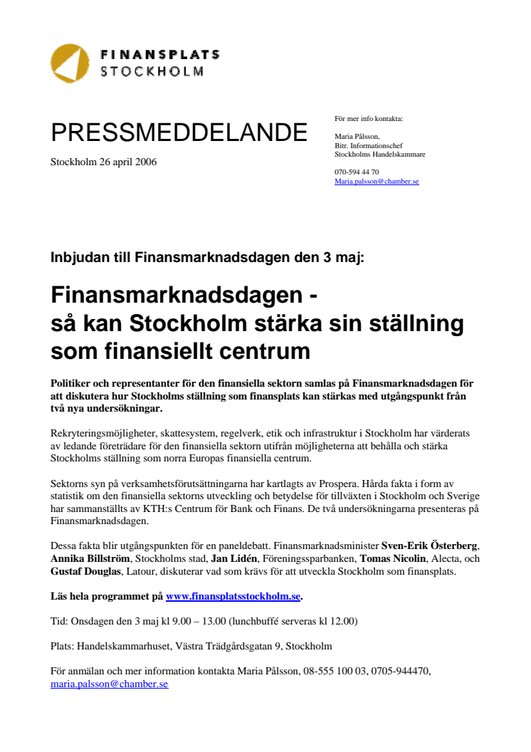 Inbjudan till Finansmarknadsdagen den 3 maj: Så kan Stockholm stärka sin ställning som finansiellt centrum