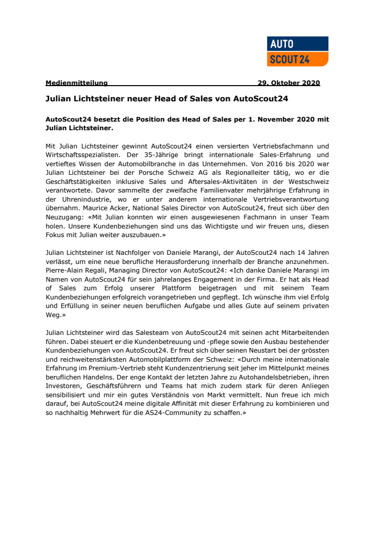 Medienmitteilung (PDF): Julian Lichtsteiner neuer Head of Sales AutoScout24