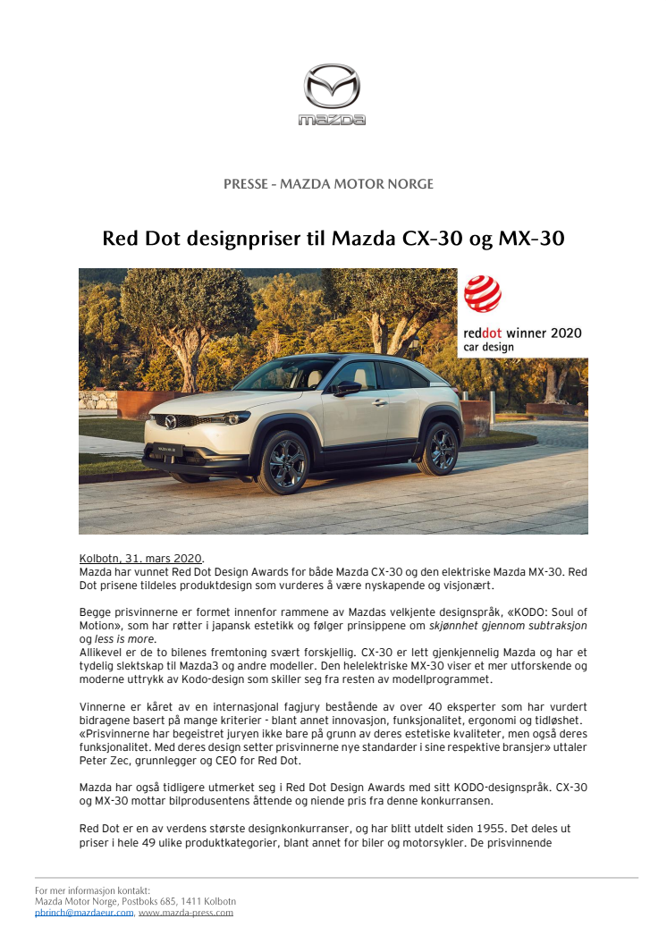 Red Dot designpriser til Mazda CX-30 og MX-30