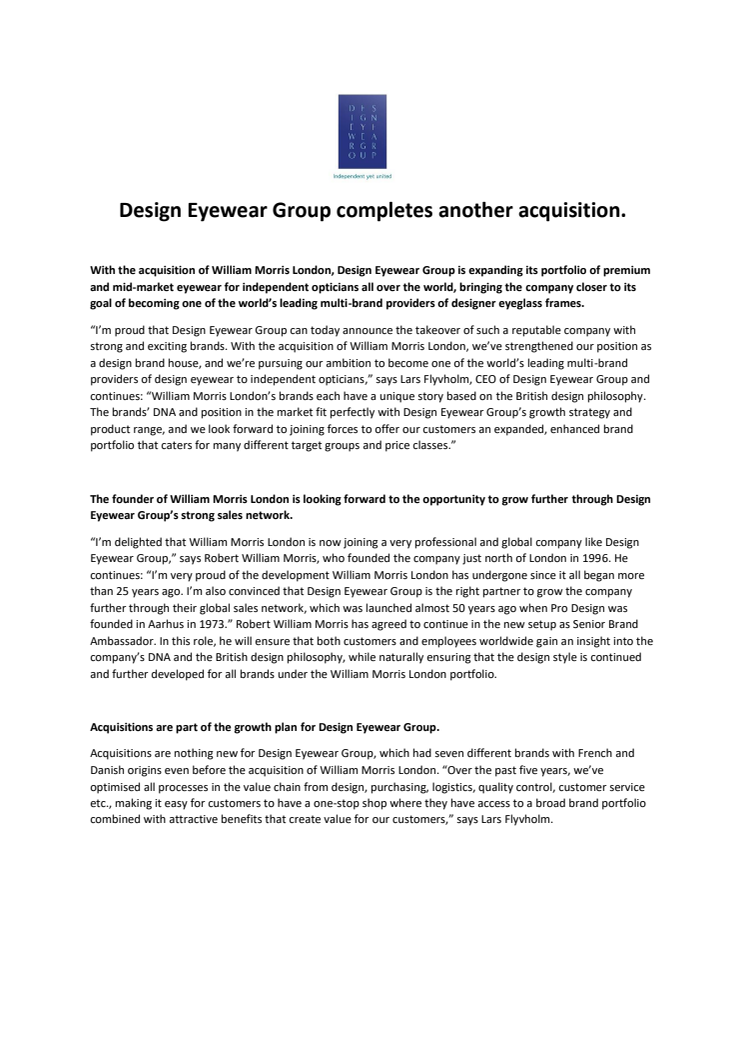DESIGN EYEWEAR GROUP COMPLETES ANOTHER ACQUISITION