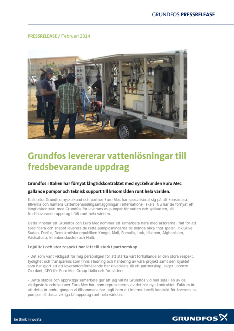 Grundfos levererar vattenlösningar till fredsbevarande uppdrag