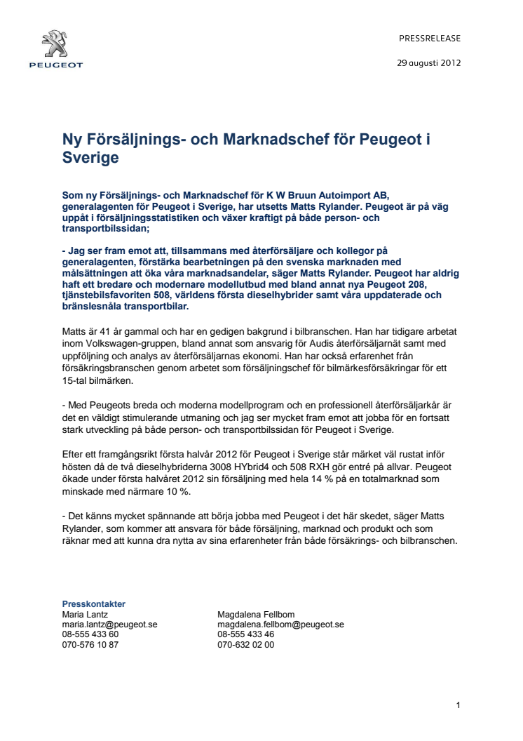 Ny Försäljnings- och Marknadschef för Peugeot i Sverige