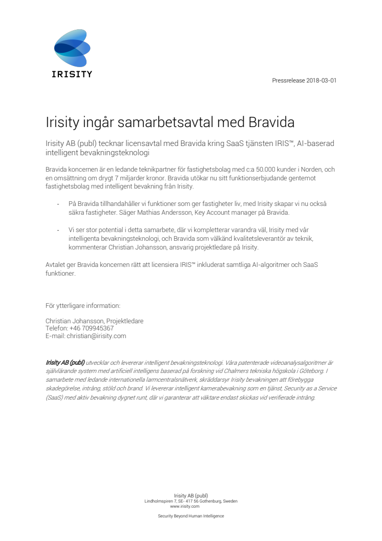 Irisity ingår samarbetsavtal med Bravida