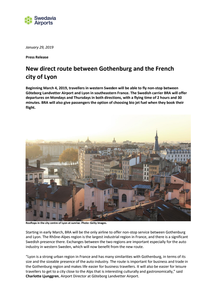 New direct route between Gothenburg and the French city of Lyon