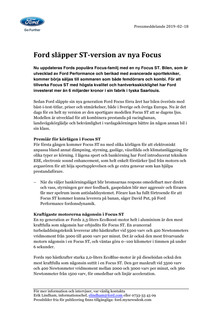 Ford släpper ST-version av nya Focus