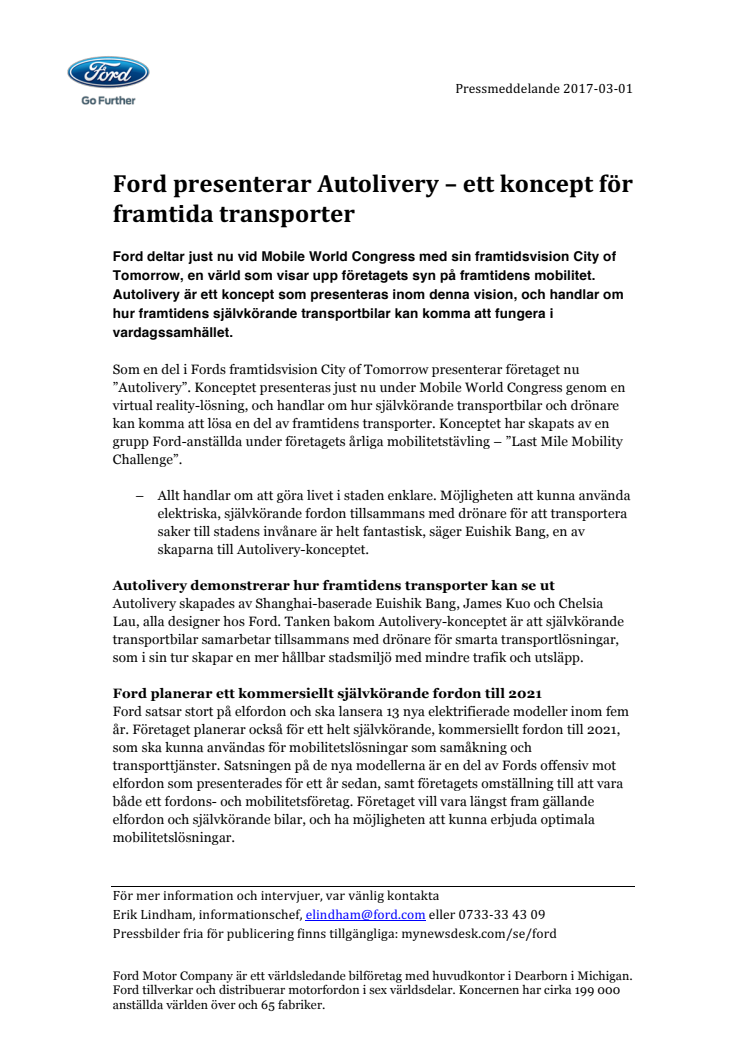 Ford presenterar Autolivery – ett koncept för framtida transporter