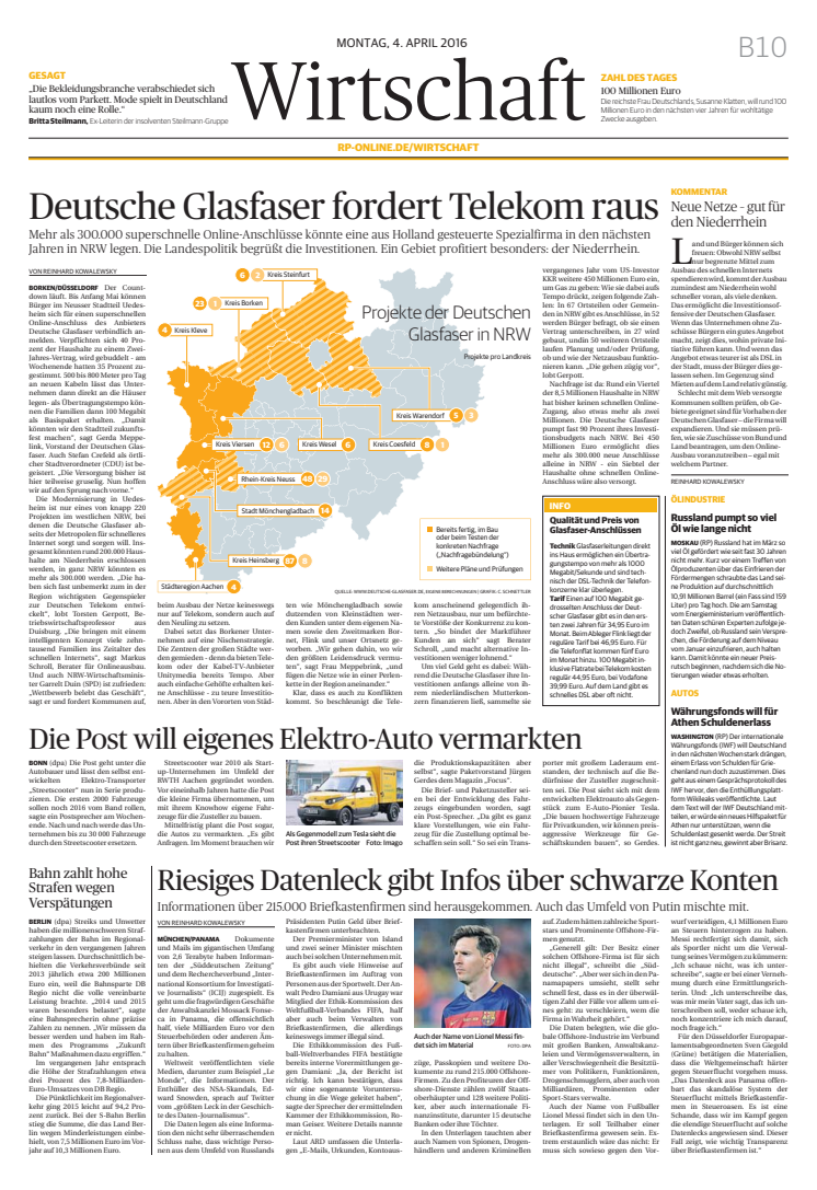"Deutsche Glasfaser fordert Telekom raus" - Rheinische Post vom 4. April 2016