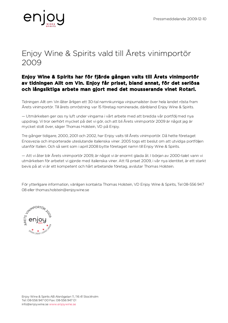 Enjoy Wine & Spirits vald till Årets vinimportör 2009 