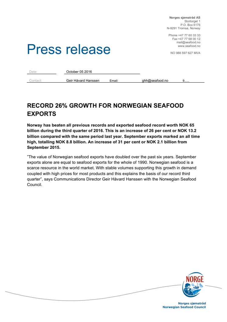 ​Record 26 per cent growth for Norwegian Seafood Exports